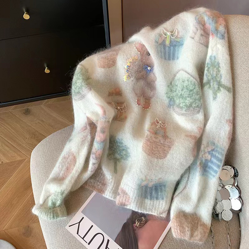 봄과 가을 새로운 얇은 구슬 프린트 니트웨어 가을 스웨터 게으른 느슨한 부드러운 둥근 목 긴 소매 탑