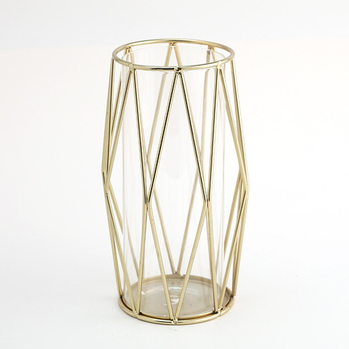 Nordic wrought iron and glass rhombus vase, transparent hydroponic decorative item, living room home decoration, dried flower holder, floral vase