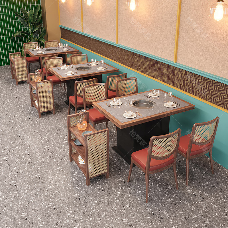 Customizado nuevo estilo chino de cocina Hunan hot pot mesas y sillas combinaciones comerciales de madera maciza tela de caña cartelera sofá fábrica al por mayor