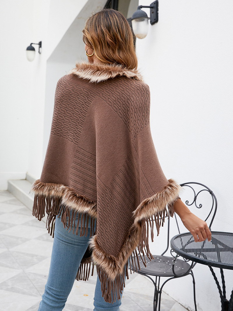 Knitted tassel cape women's solid color pullover loose shawl coat_voghion.com