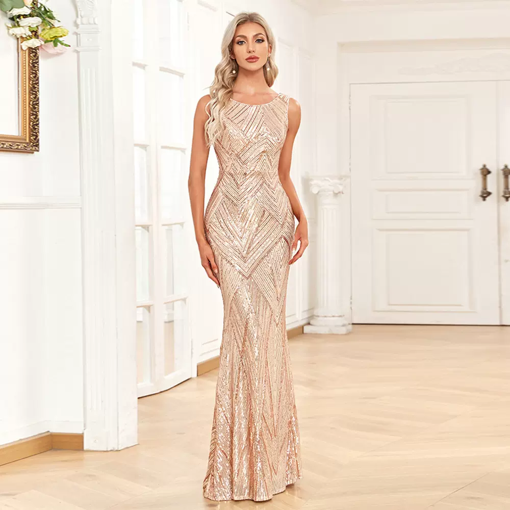 2024女式无袖圆领奢华玫瑰金派对礼服美人鱼闪亮亮长款大码晚礼服