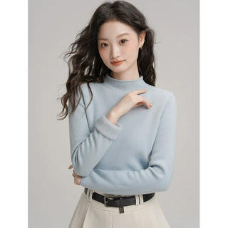 季优韩系半高领一体绒加厚长袖针织打底衫上衣女秋冬立领毛衣内搭