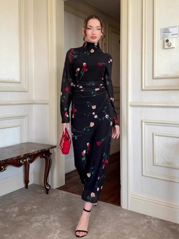 亚马逊欧美跨境2025年秋季新款优雅时尚柔美长袖长裙修身连衣裙女|undefined