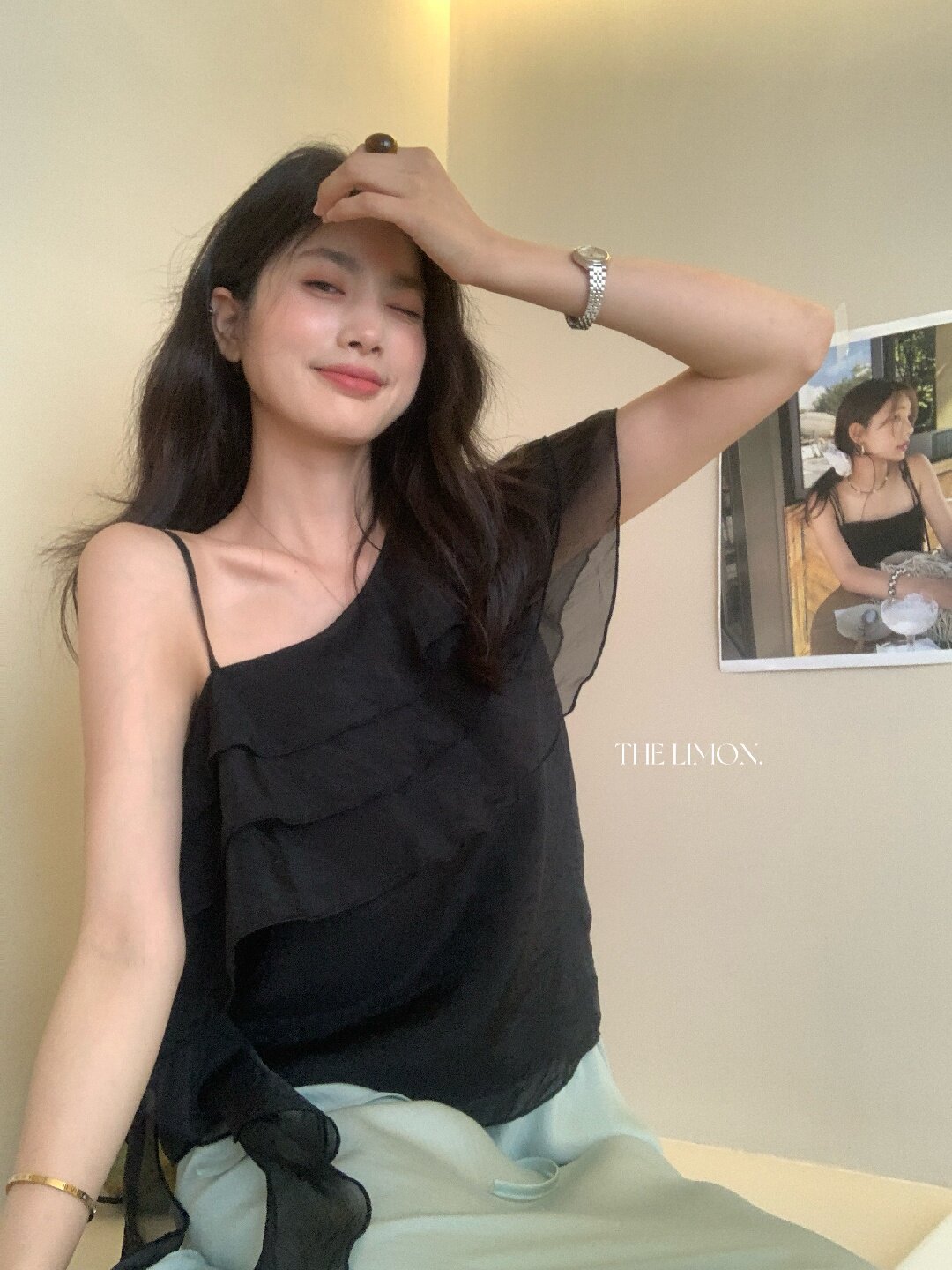 Áo sơ mi nữ một vai xếp tầng phối ren, tay ngắn, phong cách Hàn Quốc — màu đen, Màu cà phê, màu cam, màu mơ chi tiết 32