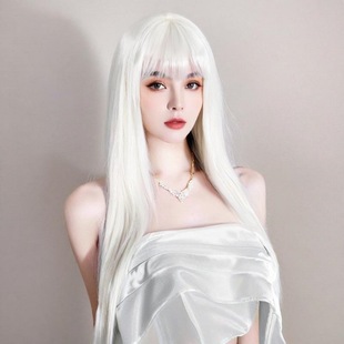 European and American foreign trade wig female air bangs long straight hair net red with pure white high temperature silk headgear factory in stock