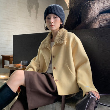 MOXI十三行女装2025冬季新款韩版短款毛领双面羊绒羊毛大衣外套女