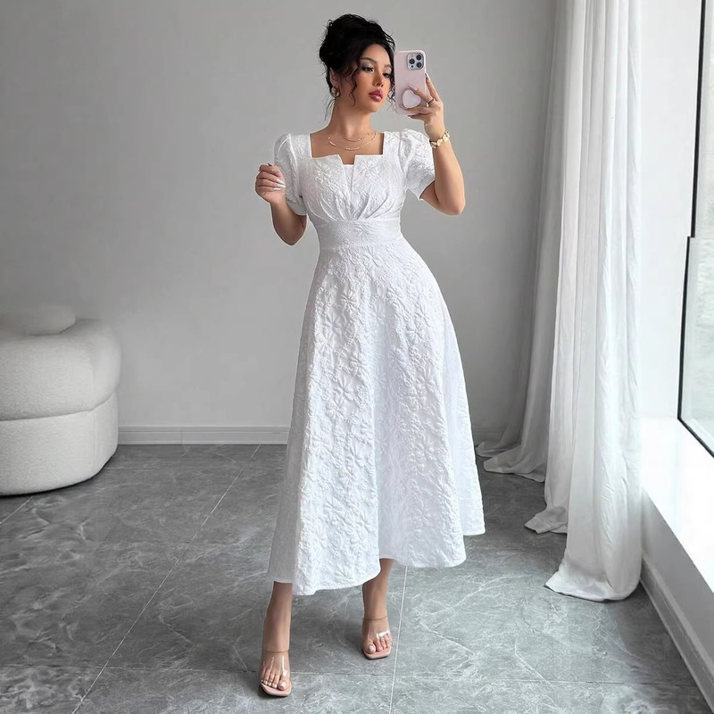 European and American Cross-Border 2026 Summer Slim-Fit Women's Elegant Jacquard Solid Color Puff Sleeve Square Neck Dress