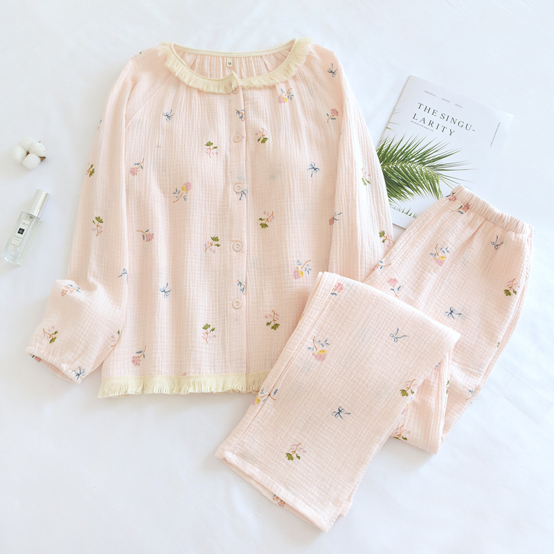 Pure Cotton Pajamas for Spring, Autumn, and Summer, Sweet Princess Style, Long-Sleeved, Pure Cotton Gauze, Can Be Worn Outside, with Chest Pads, Home Wear Set Pure Cotton Pajamas for Spring, Autumn, and Summer, Sweet Princess Style, Long-Sleeved, Pure Cotton Gauze, Can Be Worn Outside, with Chest Pads, Home Wear Set