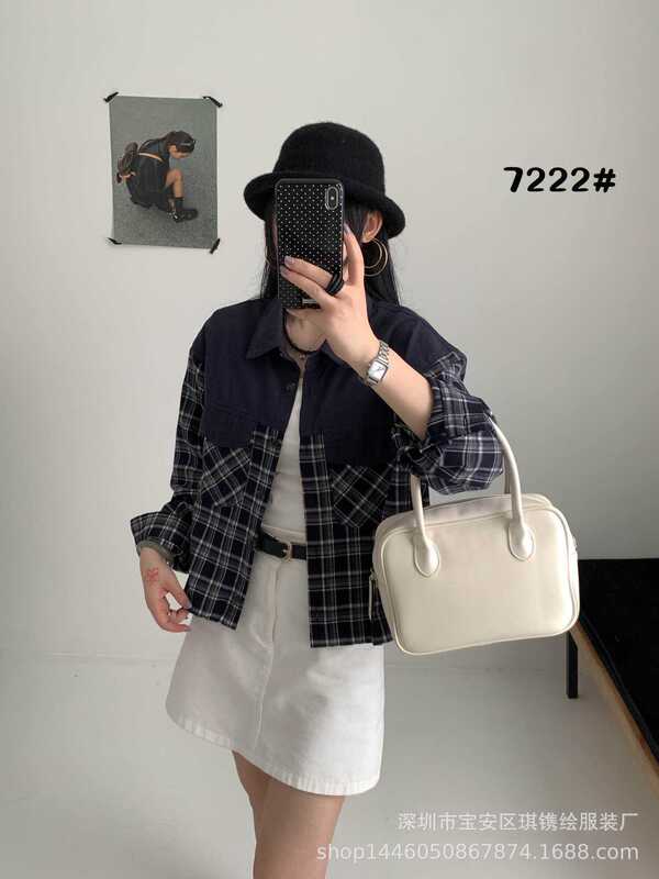 琪镌绘制格子衬衫女秋季韩版新款翻领外穿设计感宽松长袖上衣7222|undefined