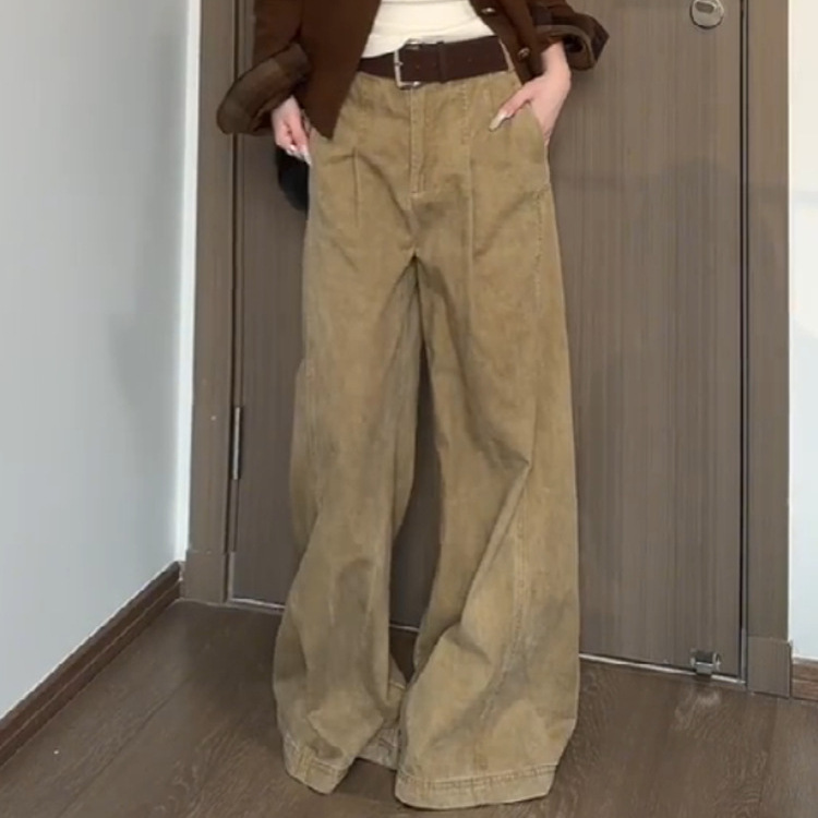 美式复古卡其色解构阔腿牛仔裤女秋季新款高腰宽松显瘦直筒拖地裤|undefined
