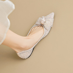 威威女郎5933-1尖頭水鑽單鞋女秋季蝴蝶結晚晚風一腳蹬仙女鞋大碼