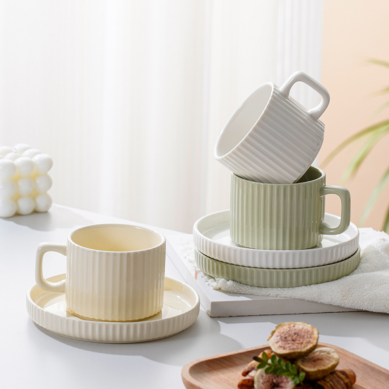 Nordic Style Vertical Stripe Ceramic Coffee Cup and Saucer Set for Home Use, High Aesthetic Afternoon Tea Cup, Light Luxury Ins-Style Mug