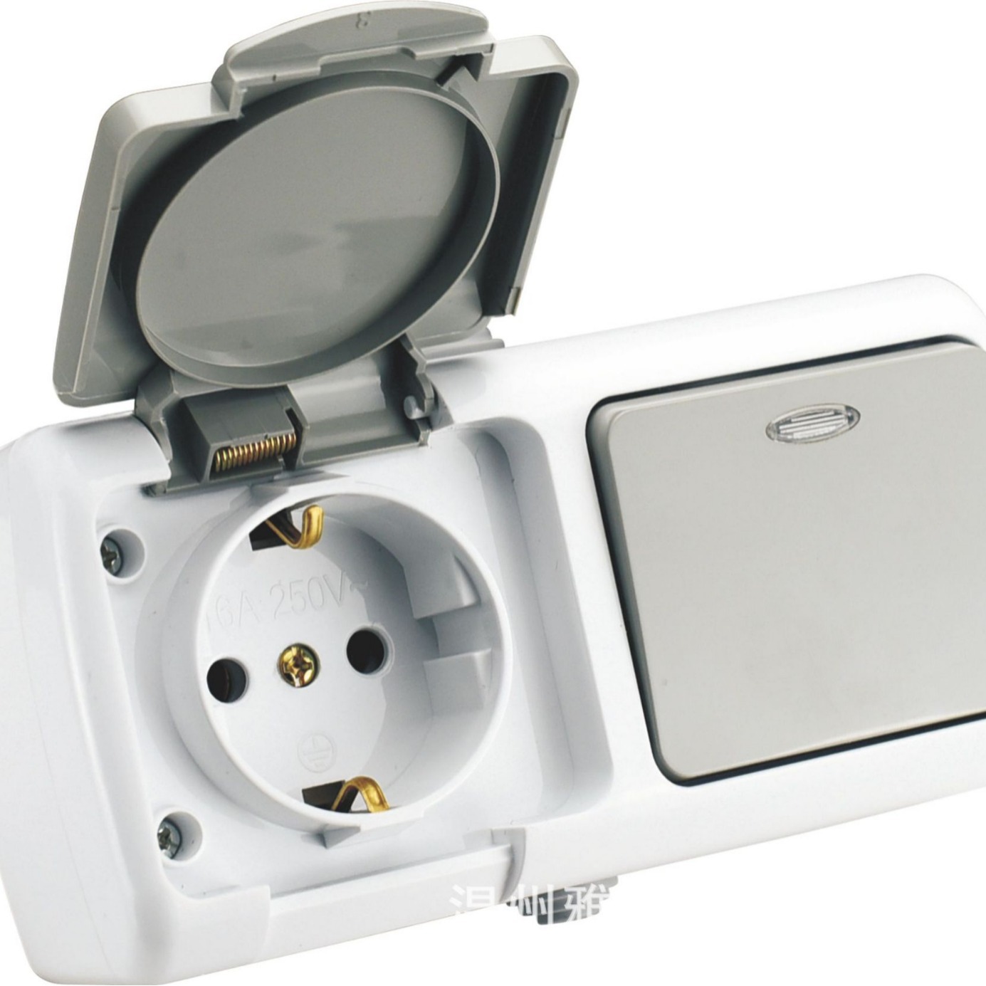 雅威欧标明装明装一开带灯+防溅地插 IP54 灰色盖电源插座家用