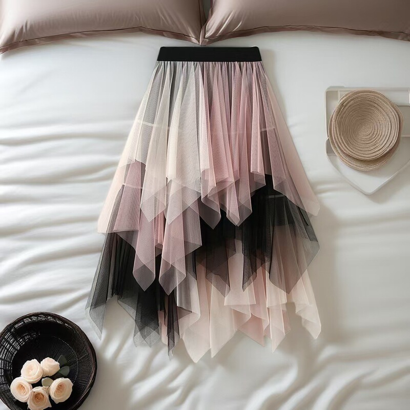 Gradient Color Asymmetrical Mesh Skirt Women's Summer New Colorful High-Waisted Tutu Skirt Mid-Length Fairy Skirt Skirt