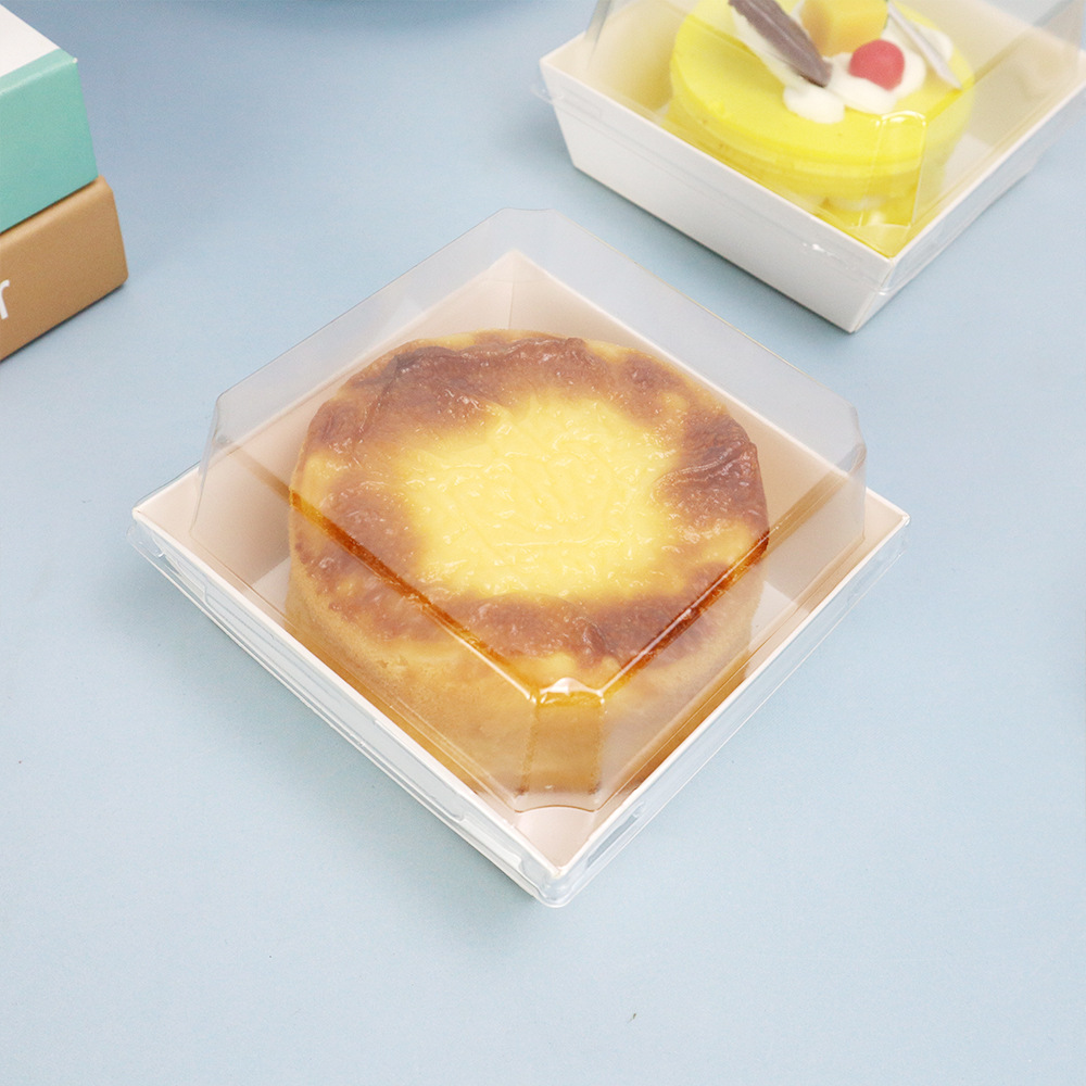 Caja de embalaje de pastel de queso, pastel de queso pequeño cuadrado transparente, cubierta de papel y plástico, caja de horneado de punto oeste