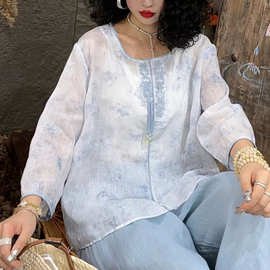 苎麻刺绣T恤女国风女装2026夏宽松圆领斜襟套头小衫苎麻上衣9038