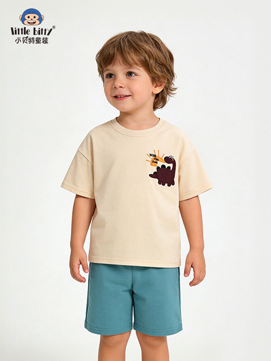 Cross-Border Supply 26 Years of Experience in Spring and Summer Children's Short-Sleeve Sets, Cartoon Dinosaur Round-Neck Embroidered Children's Sets, Wholesale in Stock