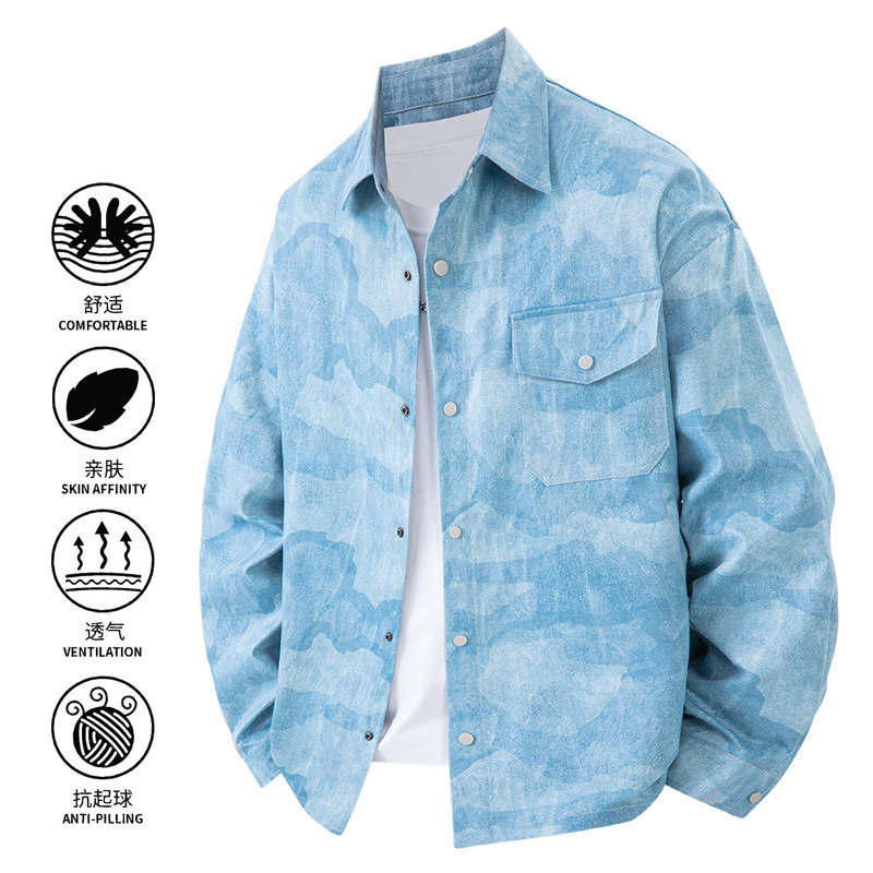 Men's Jacket Spring and Autumn Faux Denim Coat Trendy Brand Stylish Turn-Down Collar Long-Sleeve Shirt American High Street Retro