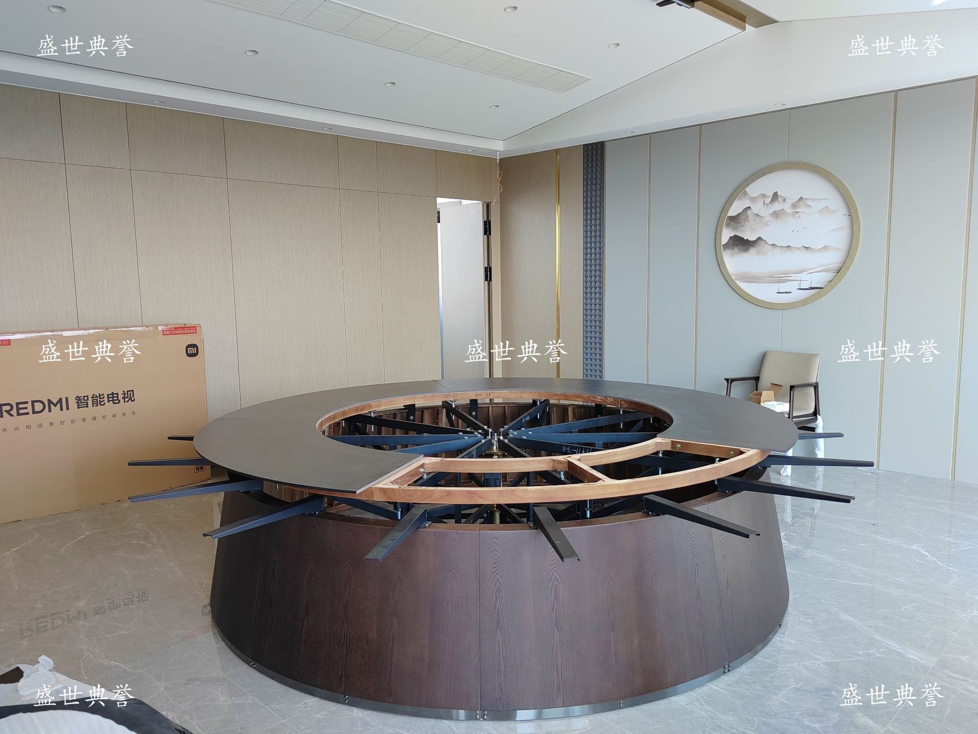 Zaozhuang hotel comedor muebles centro de convenciones caja de madera sólida mesa de comedor eléctrica silla club 20 personas mesa redonda eléctrica grande pic 4