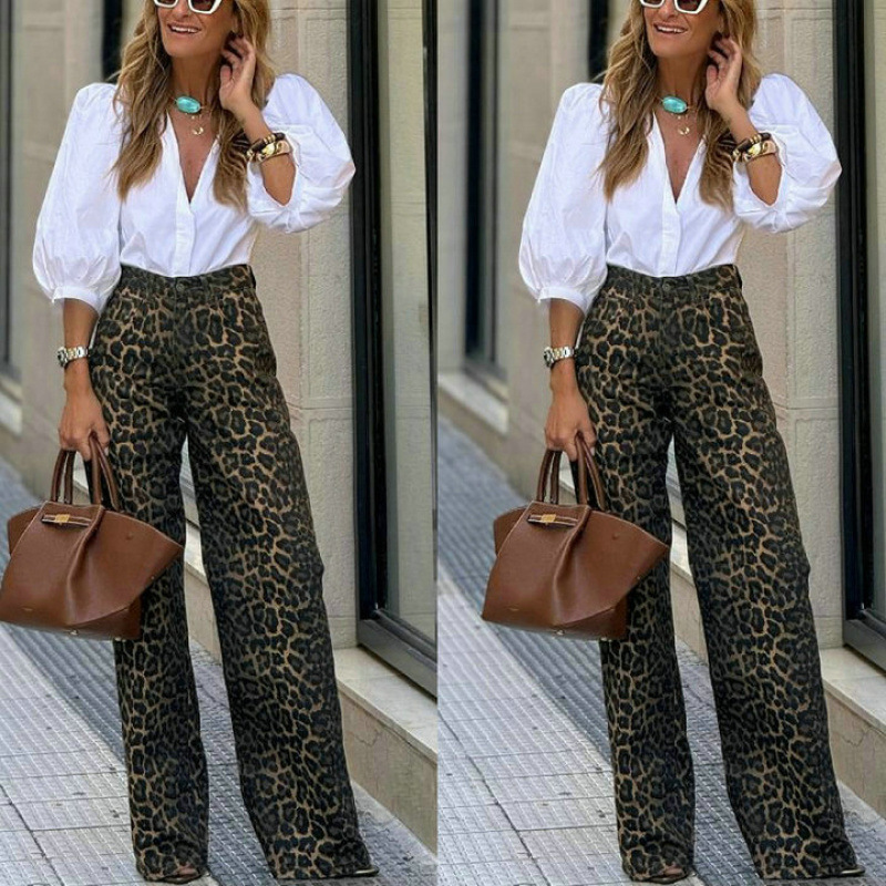 Yevropa uslubi V yaka pufak yengali oq ko'ylak + oltin kamar leopard shim