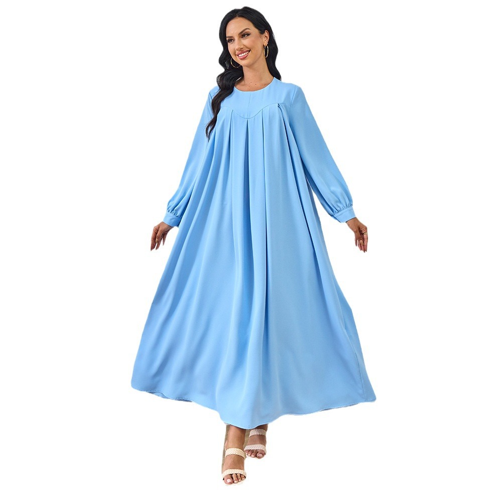 New Abaya Arab Cross-border Middle Eastern Muslim Robe Long-sleeved Solid Color Large Hem Dress Long Skirt Women's_ecoleips.com