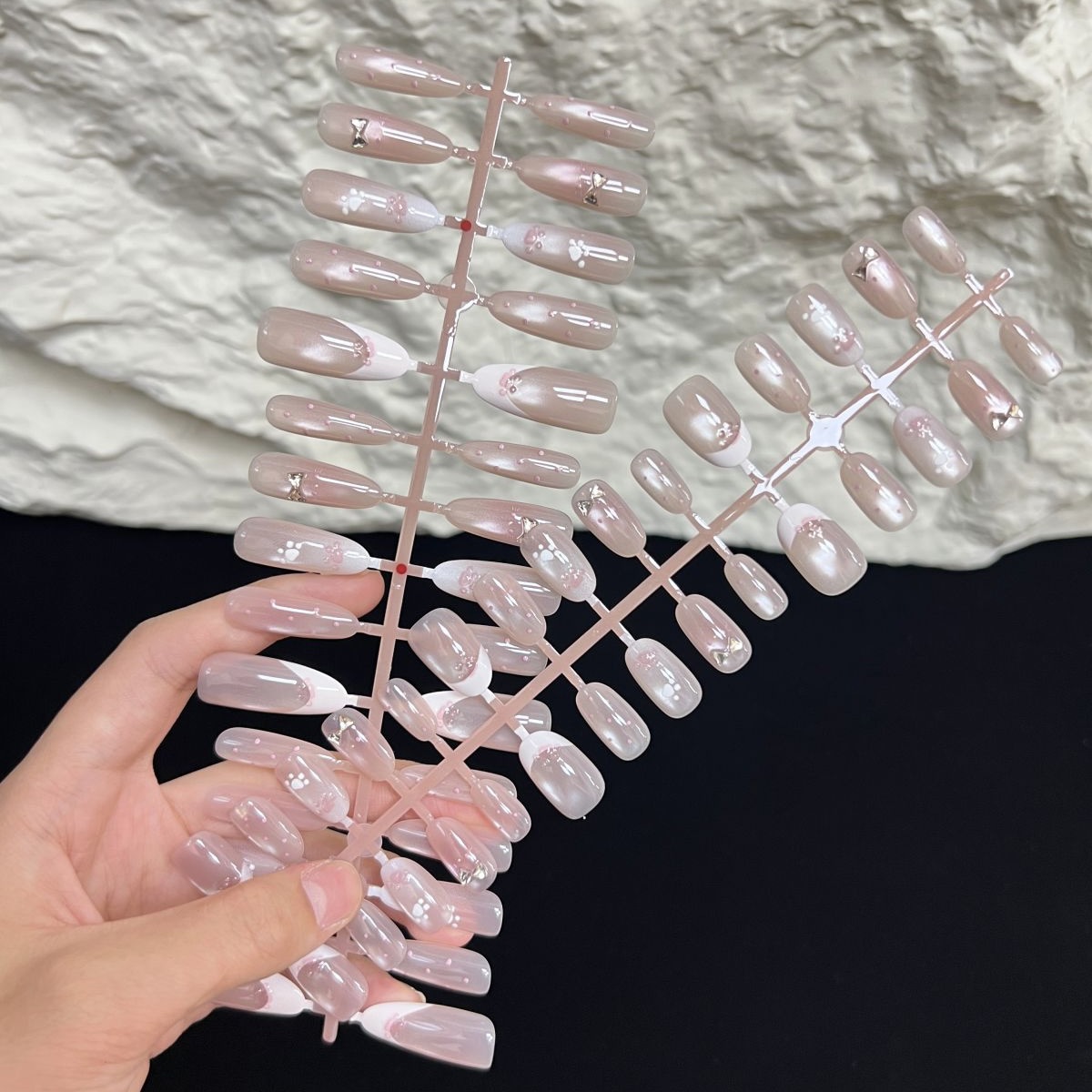 French-style cat paw cat eye press-on nails, nail art stickers, gel polish, pre-made glass bead nail pieces, wholesale nail art