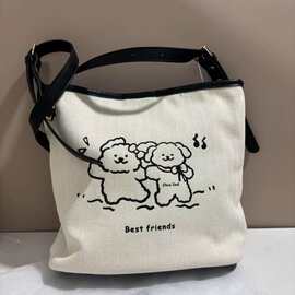 卡通小狗春日郊游托特包包女休闲手提单肩百搭帆布包工厂一件代发
