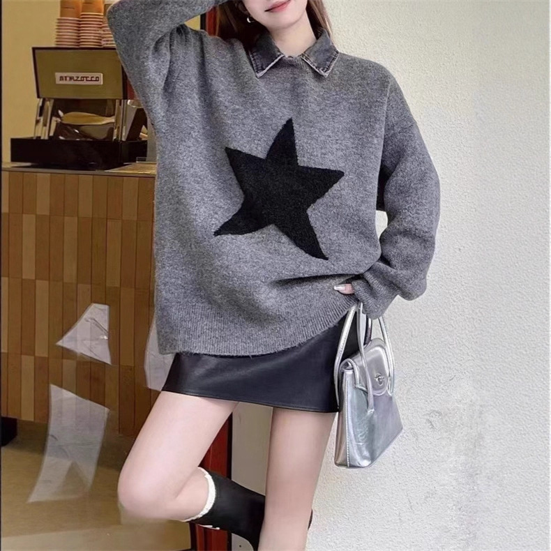 Plus Size Lazy Style Fake Two-Piece Splicing Bottoming Sweater for Women Autumn and Winter New Casual Loose Long-Sleeved Top Jacket Trendy Plus Size Lazy Style Fake Two-Piece Splicing Bottoming Sweater for Women Autumn and Winter New Casual Loose Long-Sleeved Top Jacket Trendy