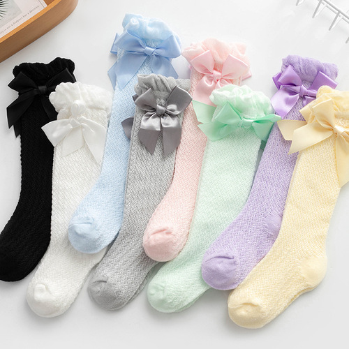 Children's socks mesh bow baby socks summer thin anti-mosquito bubble mouth vertical striped mesh socks manufacturer approved