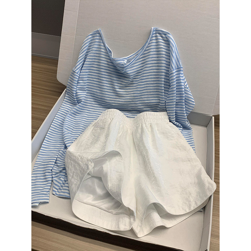 Simple Casual Striped Long-sleeved Pajamas Women's Summer 2025 New Style Outer Wear Loose Blouse Shorts Home Clothes suit Simple Casual Striped Long-sleeved Pajamas Women's Summer 2025 New Style Outer Wear Loose Blouse Shorts Home Clothes suit