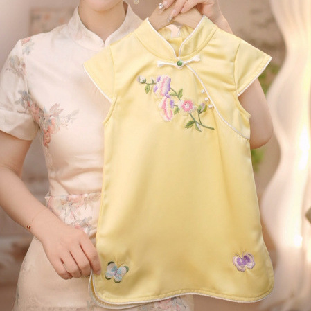 现货AC917【金香玉】贡缎 女童黄色刺绣旗袍夏季国风旗袍裙|undefined