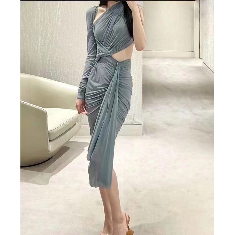 22SSRO Summer Haze Blue Vacation Dress Long Dress Venus Goddess Pleated Waist Shoulder Stretch Hip