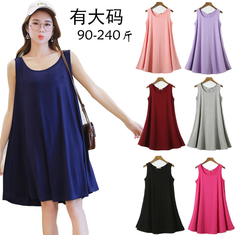 2023 Summer Modal Extra Large Size Midi Dress Loose Vest Sleeveless Beach Base Skirt Pajamas