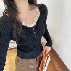 V领蕾丝针织打底衫女款内搭修身2025秋季新款高级感毛衣短款上衣