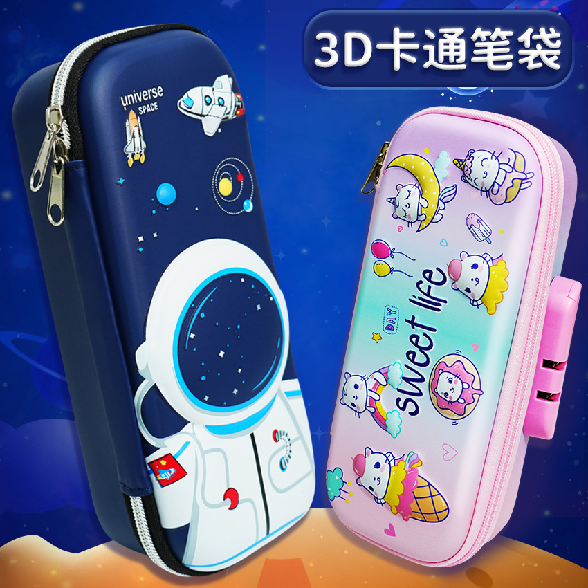 Bolsa de lápiz de gran capacidad para niños caja de papelería de bloqueo de contraseña al por mayor estudiantes de primaria multifuncional dibujos animados 3D caja de lápiz estéreo