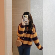 棕色条纹仿水貂绒套头毛衣女秋冬软糯慵懒风高级感加厚针织衫上衣