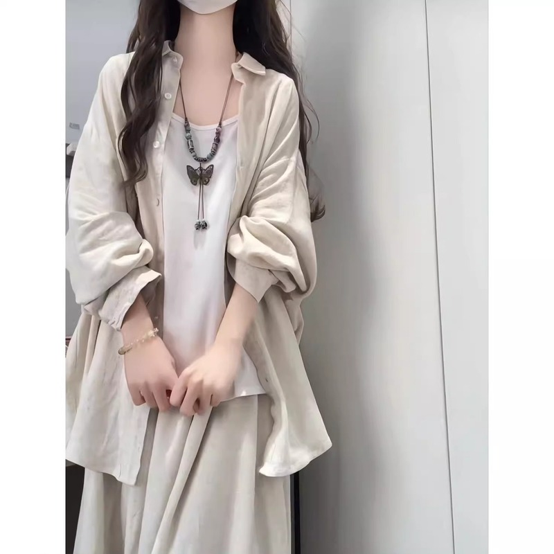入春小香风穿搭女2025新款休闲洋气宽松衬衫外套内搭背心半身裙套|undefined