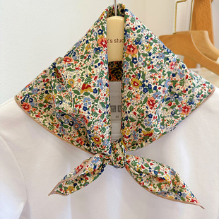 Spring and Autumn Beige Bottom Floral Cotton Small Square Scarf Summer Silk Scarf Easiest for Match Japanese Style Mori Girl Pastoral Cotton Scarf Scarf