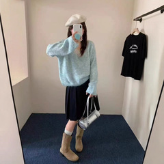 素色V领假两件针织衫女秋季叠穿新款软糯内搭套头毛衣温柔风女装
