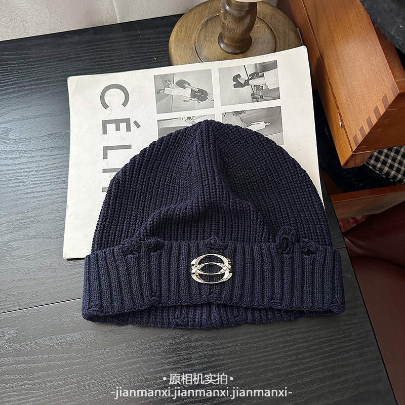 个性做旧脏脏破洞针织帽秋冬翻边套头帽保暖洋气字母标百搭毛线帽|undefined