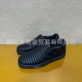 cl andgz男鞋老钱风黑色牛皮铆钉低帮一脚蹬红底鞋女鞋休闲板鞋