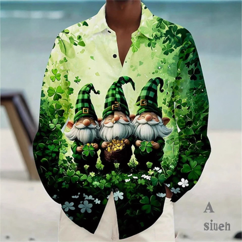 Cross-Border Digital Printing Clover Gold Dwarf Long-Sleeved Shirt Foreign Trade St. Patrick's Day Factory Supply