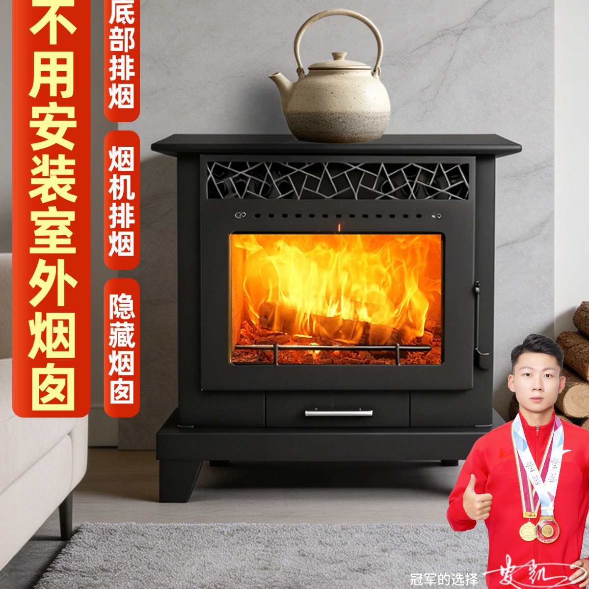 免烟囱燃木柴真火壁炉风机自主排烟客厅楼房家用室内取暖炉柴火炉