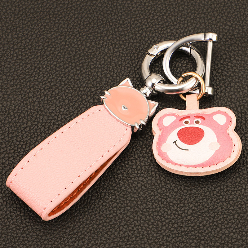 Macaron color gato cuerda de mano llavero de coche colgante de oso de fresa colgante de llavero de oso de cuero de alta calidad colgante de llavero de oso Pooh