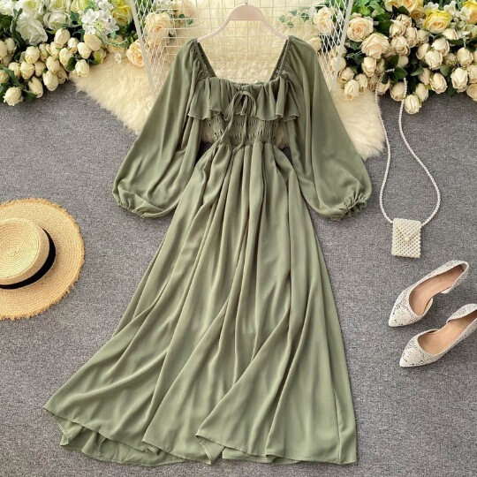 CHIC gentle style dress Spring and Autumn new women's French retro square collar western style bubble sleeve chiffon solid color midi dress