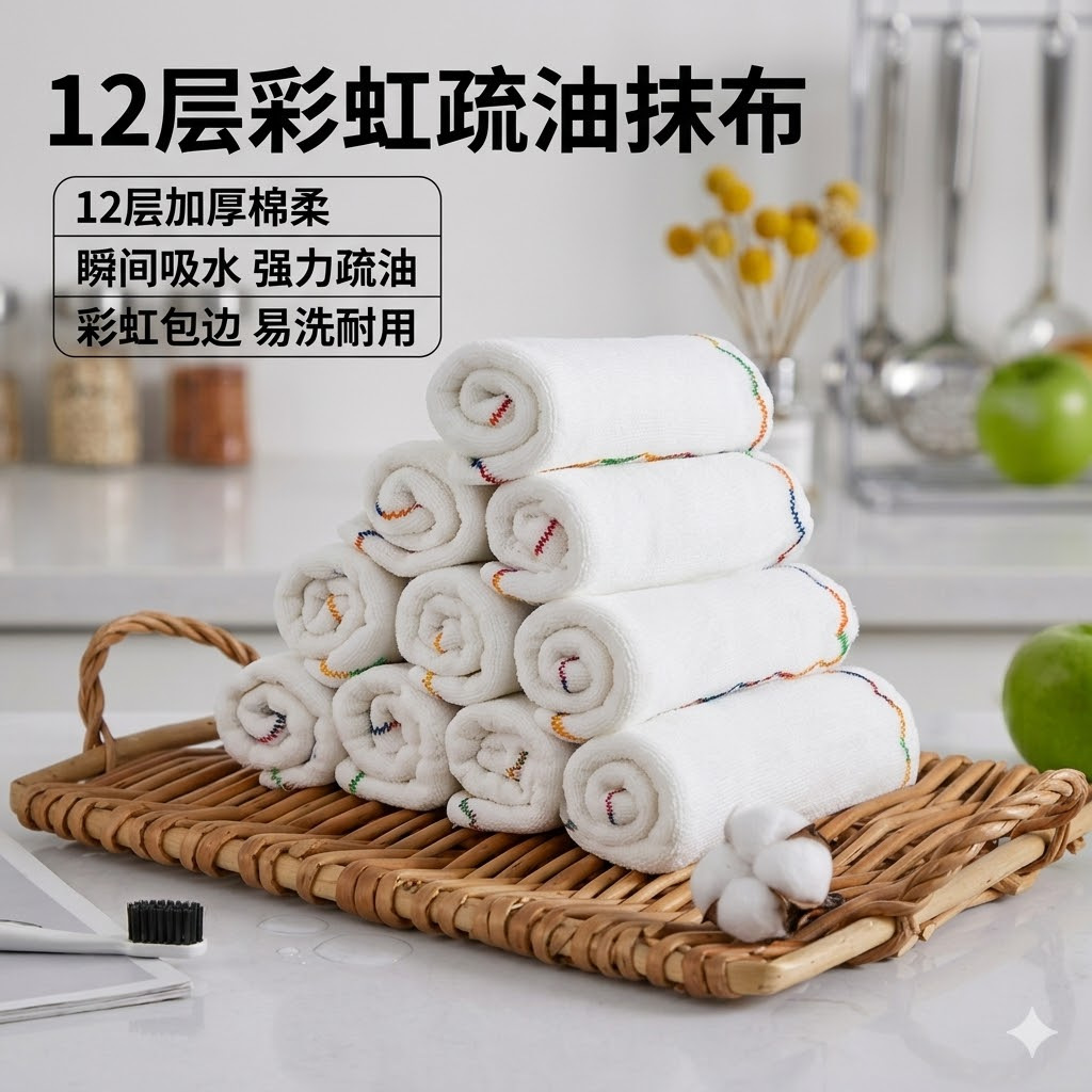 원산지 공장 12겹 두꺼운 무지개색 청소포, 강력한 흡수력과 기름때 제거, 세척이 간편한 주방용 설거지 청소포