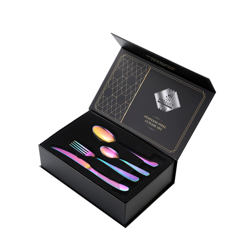 Juego de Cubiertos de Acero Inoxidable de 24 Piezas en Caja de Regalo, Diseño de Estrella y Diamante, Cuatro Piezas Principales, para Hotel, Restaurante, Comida Occidental, Cuchillo, Tenedor, Cuchara