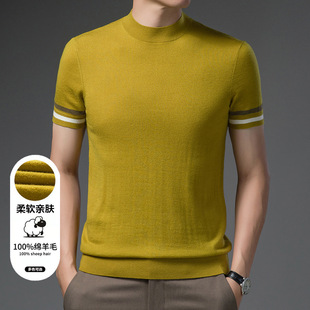 2025 Spring New Style Woolen Sweater Men's Short-Sleeved All-Wool T-Shirt Thin Knitted Half-Sleeved Top Men's Bottoming Shirt
