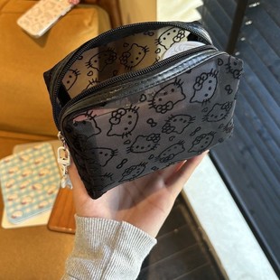 Casual and Cute Black Mesh Kitty Cosmetic Bag, Portable Large-Capacity Cosmetics Bag, Hand-Held Makeup Bag, Stain-Resistant