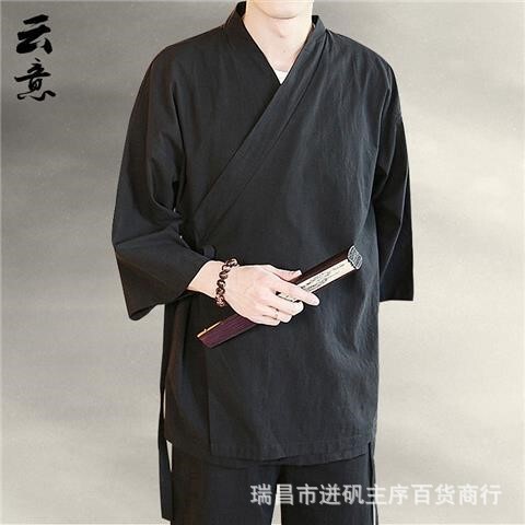 Three-Quarter Sleeve Hanfu Men's Traditional Chinese Style Side-Slit Robe Zen-Inspired Cultural Heritage Jacket Linen Blend Coat